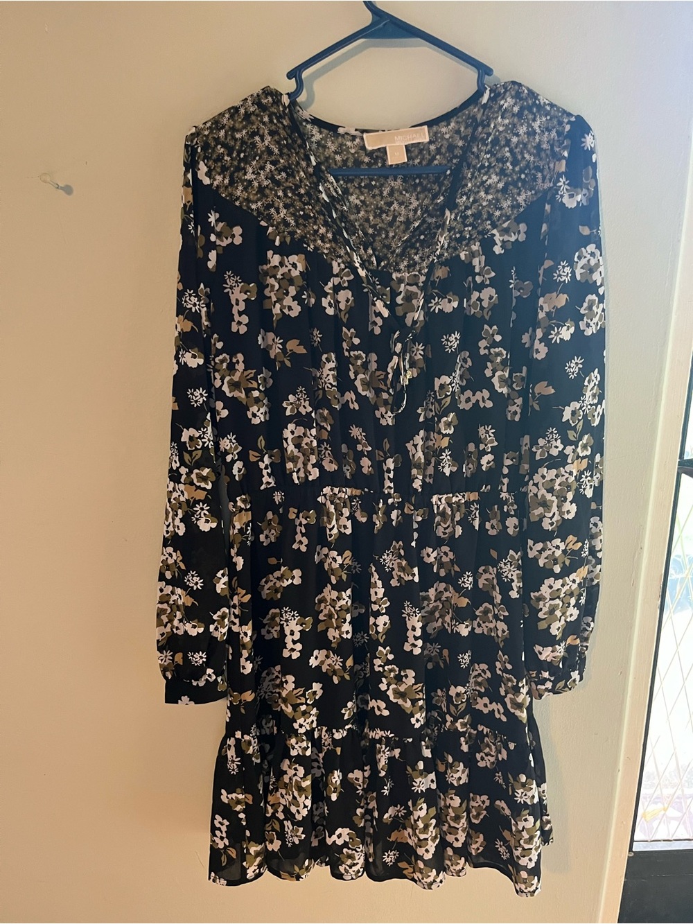 Michael Kors Black Floral Long-Sleeve Tiered Dress
